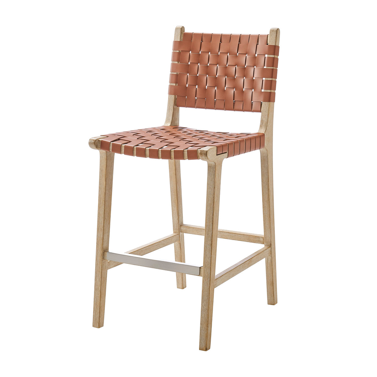 Counter Stool, Ochre Brown Woven Faux Leather Seat, Drift Wood Rubberwood Legs