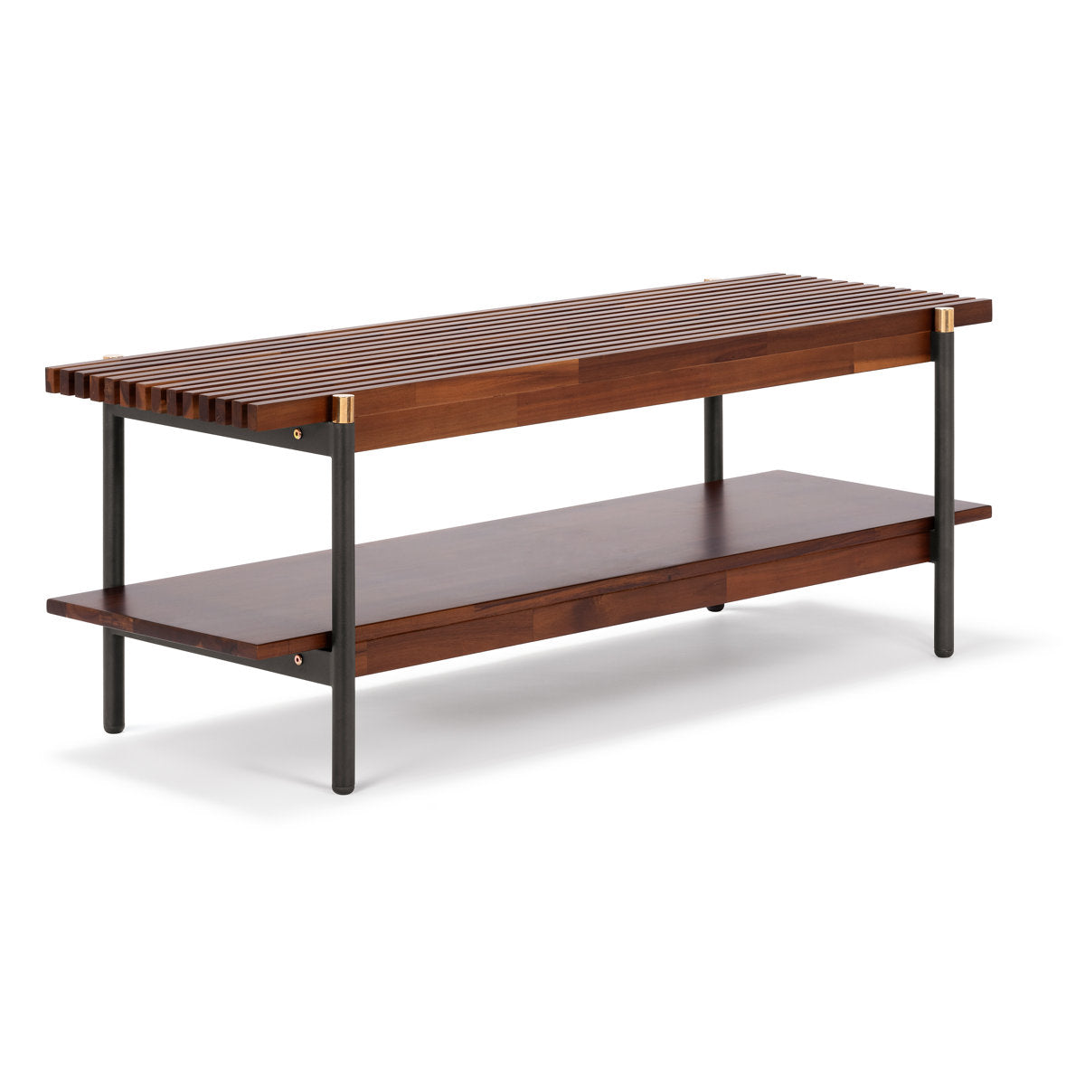 Entryway Bench, Solid Acacia Wood, Metal Legs, Golden Brown