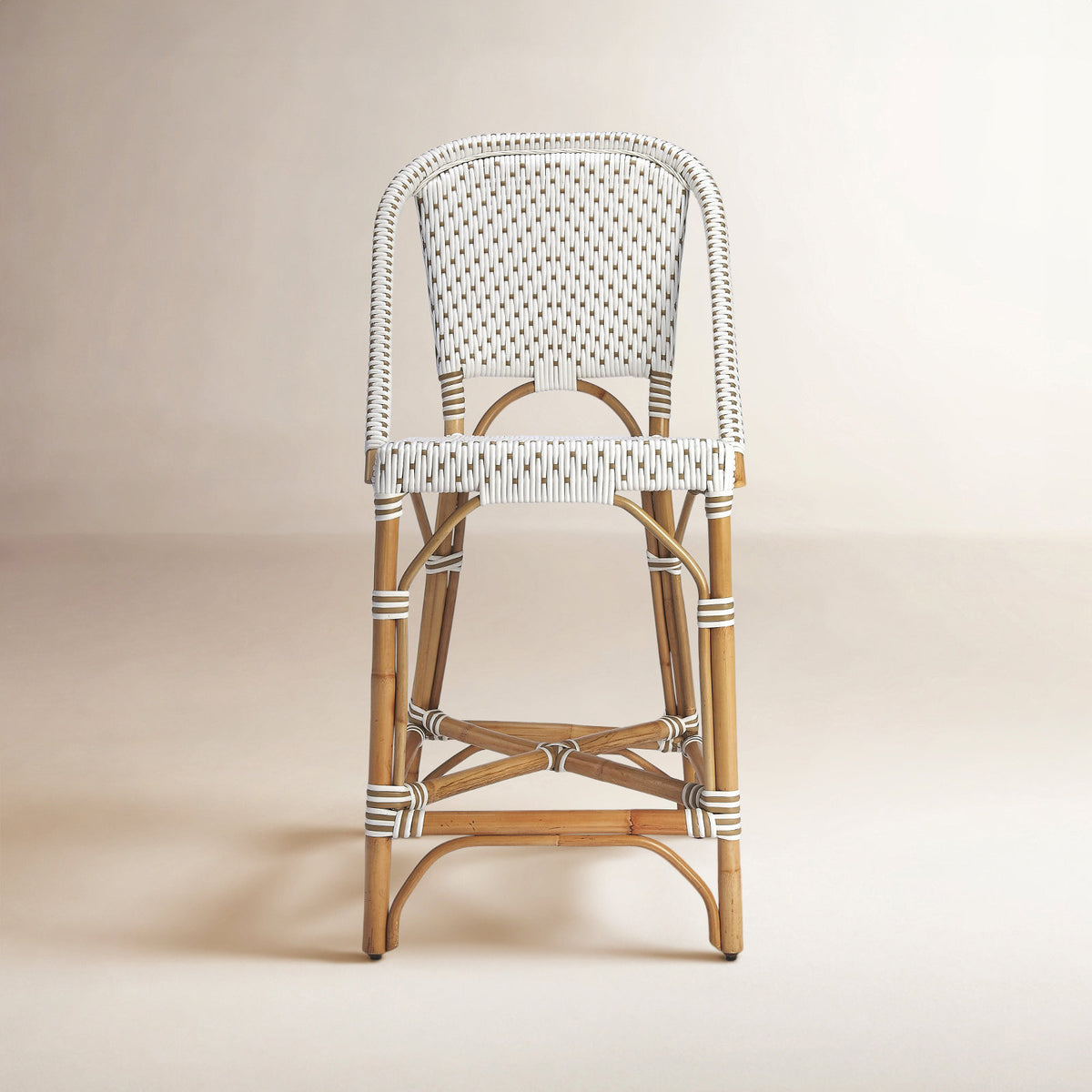 Counter Stool, Wicker Rattan Frame and Seat, Full Back, White/Tan