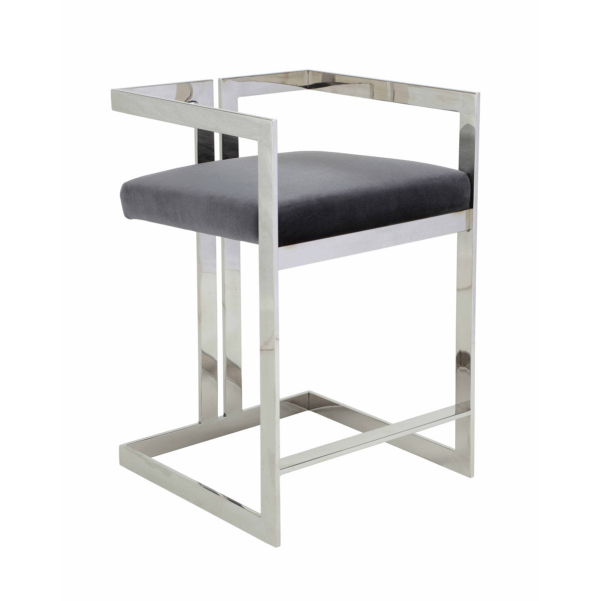 Counter Stool, Gray Velvet Seat, Silver Stainless Steel Frame, Footrest