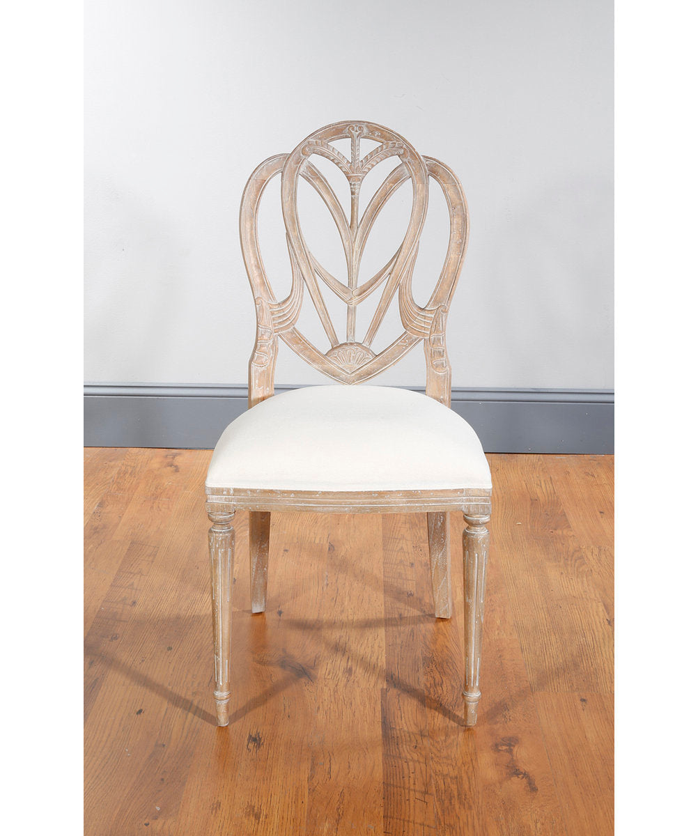 Side Chair, Linen Upholstered, Solid Mahogany Wood, Pickled