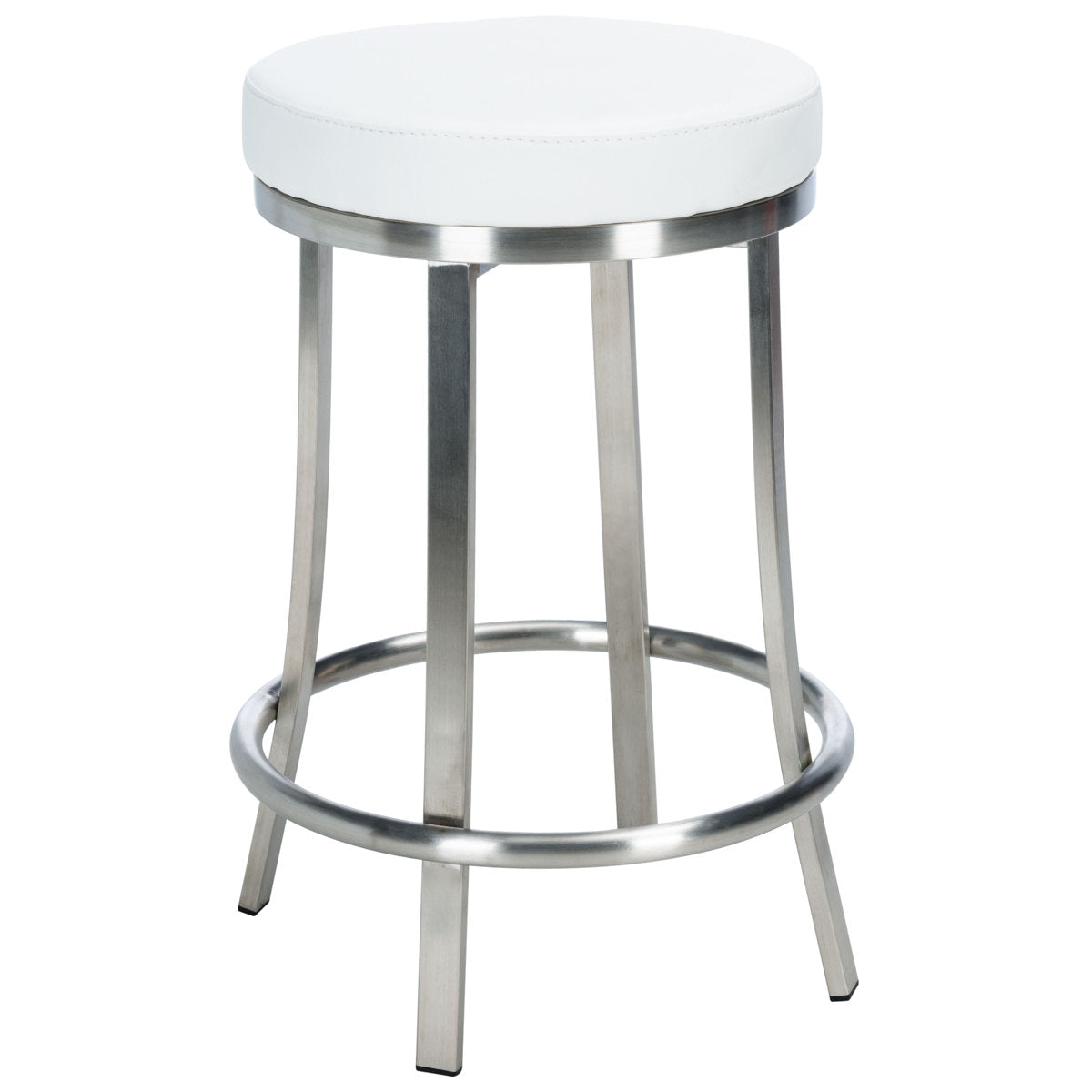 Counter Stool, Backless Swivel, White Faux Leather Seat, Brushed Stainless Steel Frame