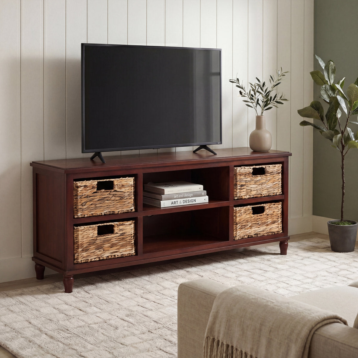 TV Stand, 4 Drawers, Solid Pine Wood, 47.2 Inch Wide, Cherry