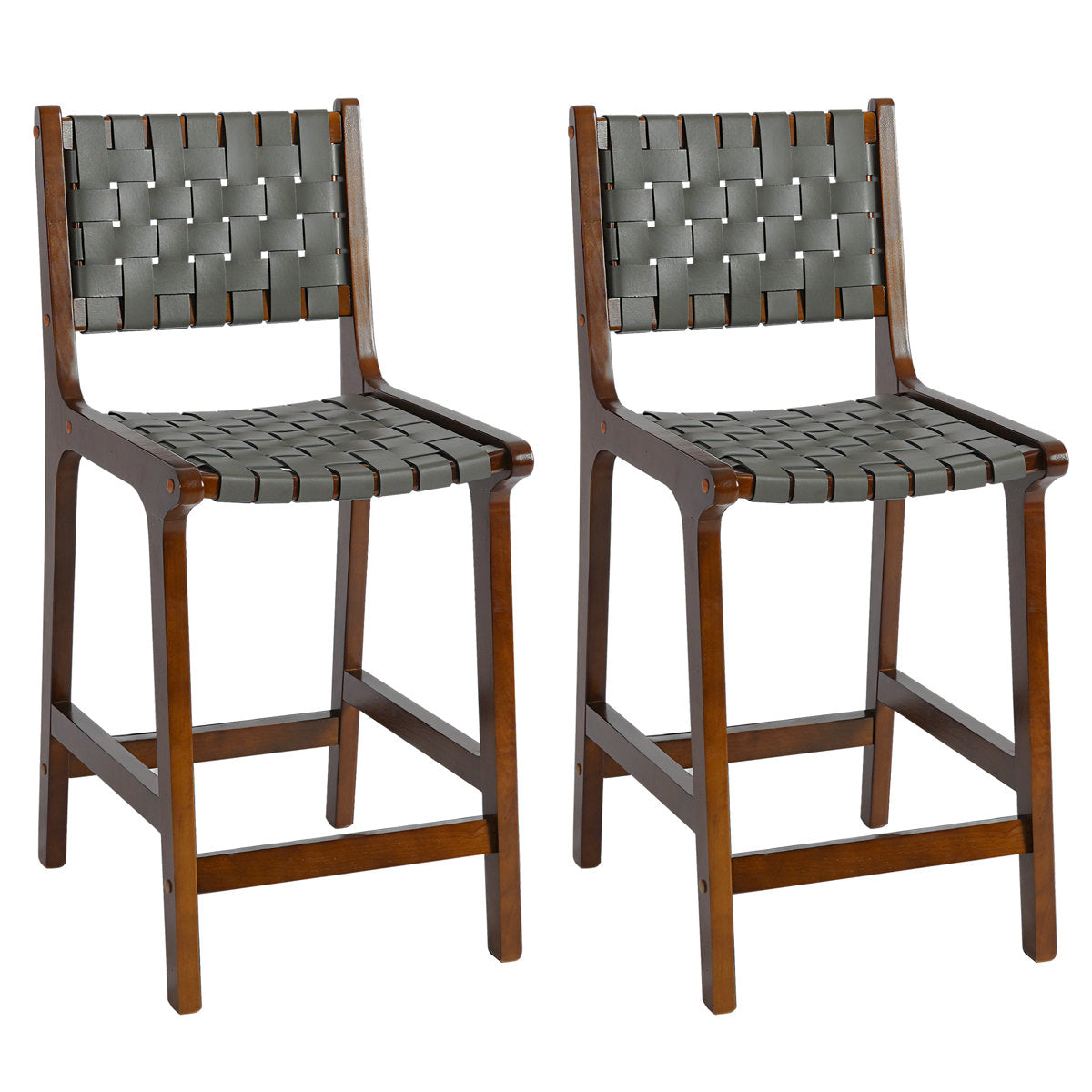 Counter Stool, Woven Faux Leather Seat, Rubberwood Frame, 24 Inch Seat Height