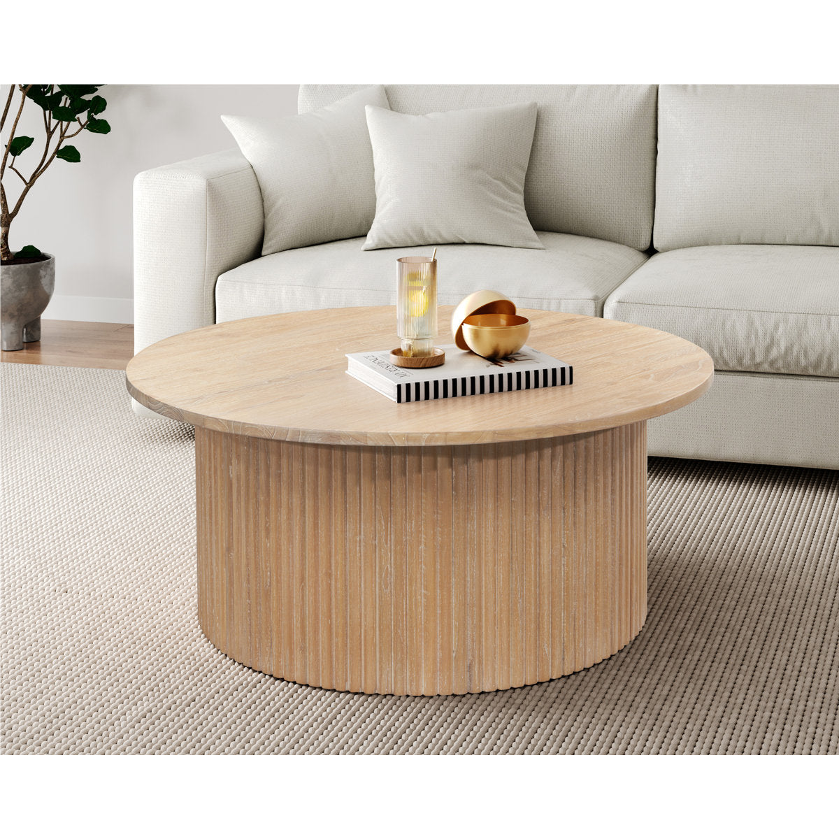Coffee Table, Round Solid Mindi Wood and Engineered Wood, Natural
