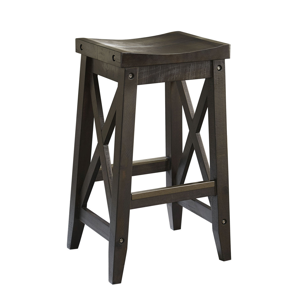 Bar Stool, Backless Solid Wood, Rustic Black, Four Legs with Footrest
