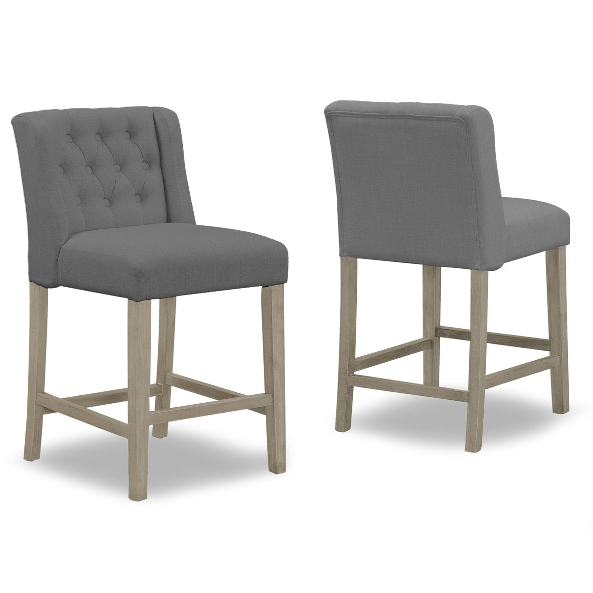 Counter Stools, Set of 2, Gray Polyester Seat, Brown Rubberwood Frame