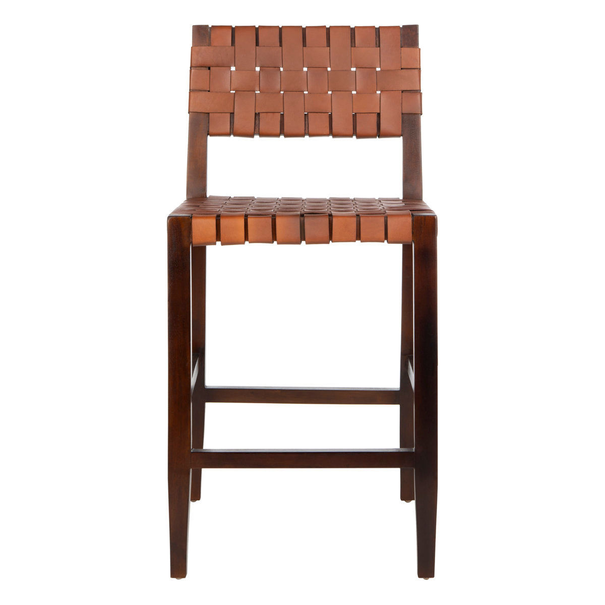 Counter Stool, Solid Wood Frame, Cognac Leather Strap Seat, Walnut Finish