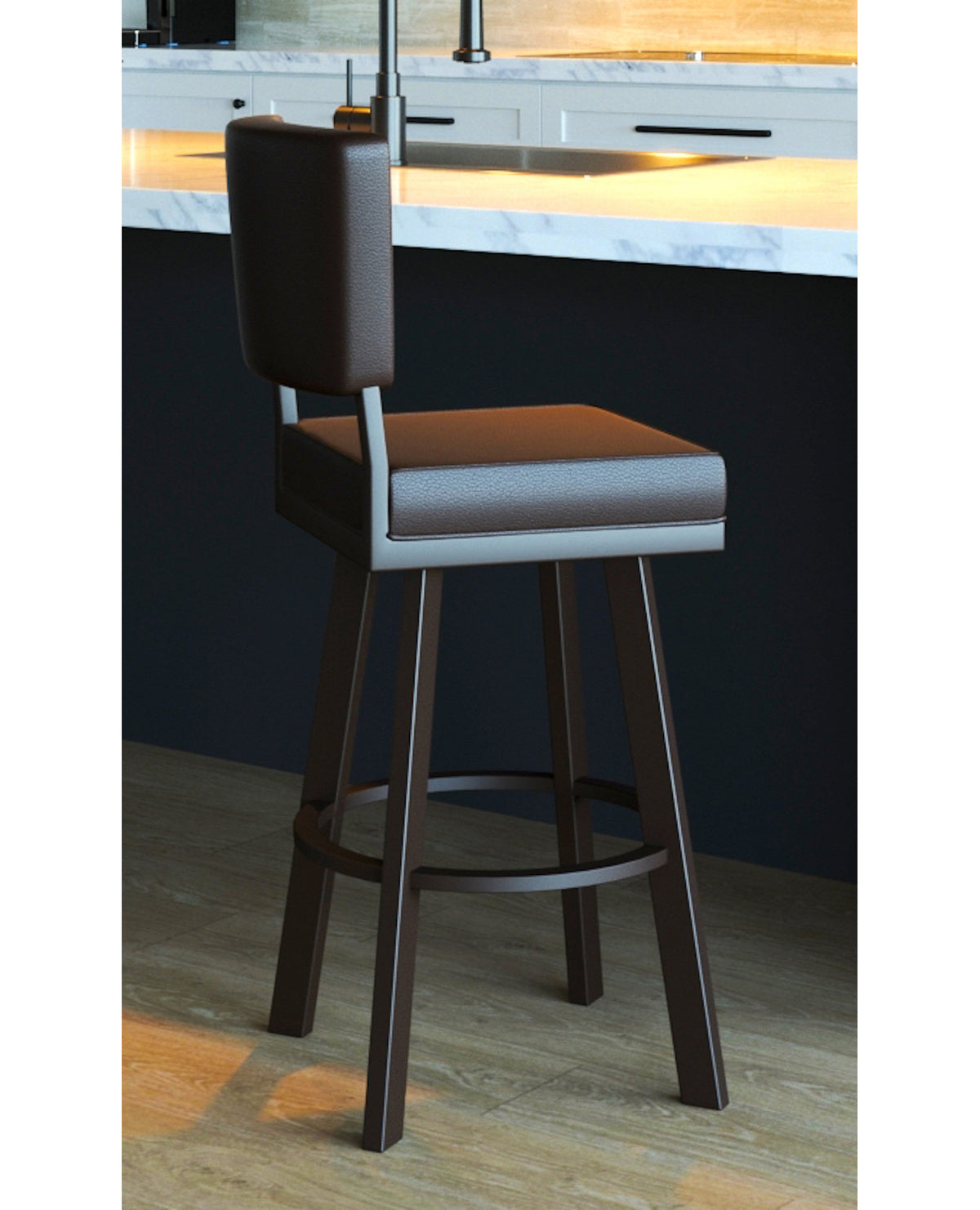 Counter Stool, 26 Inch Seat Height, Brown Faux Leather, Bronze Metal Base
