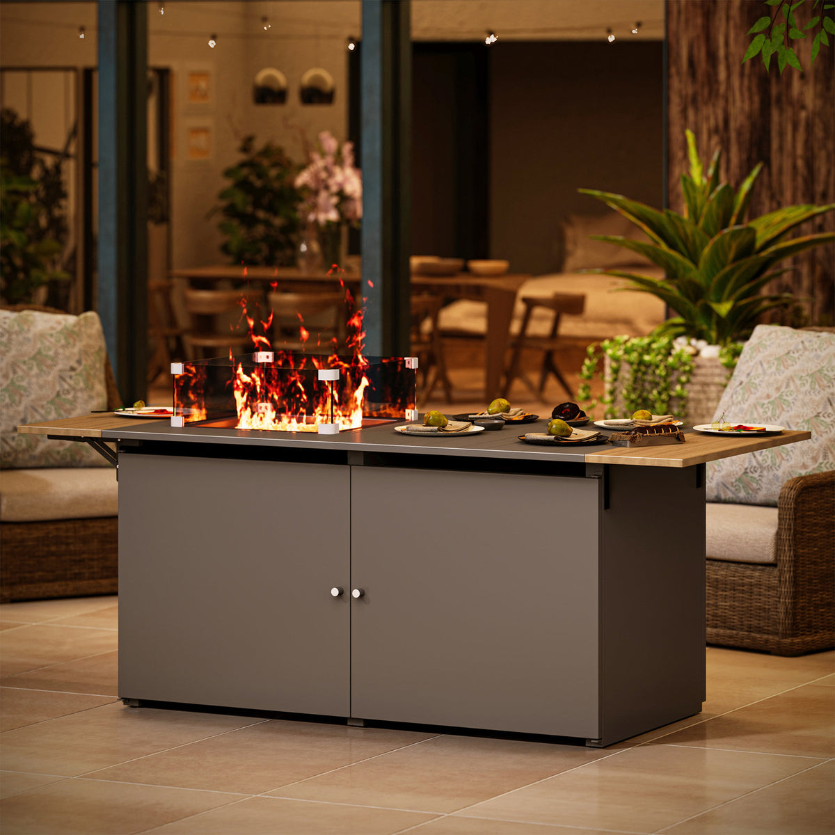 Propane Fire Pit Table in Black Iron with Foldable Wood-Grain Tabletop