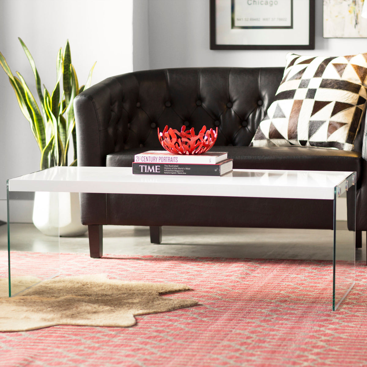 Rectangular Coffee Table, Manufactured Wood Top in Glossy White with Clear Glass Base
