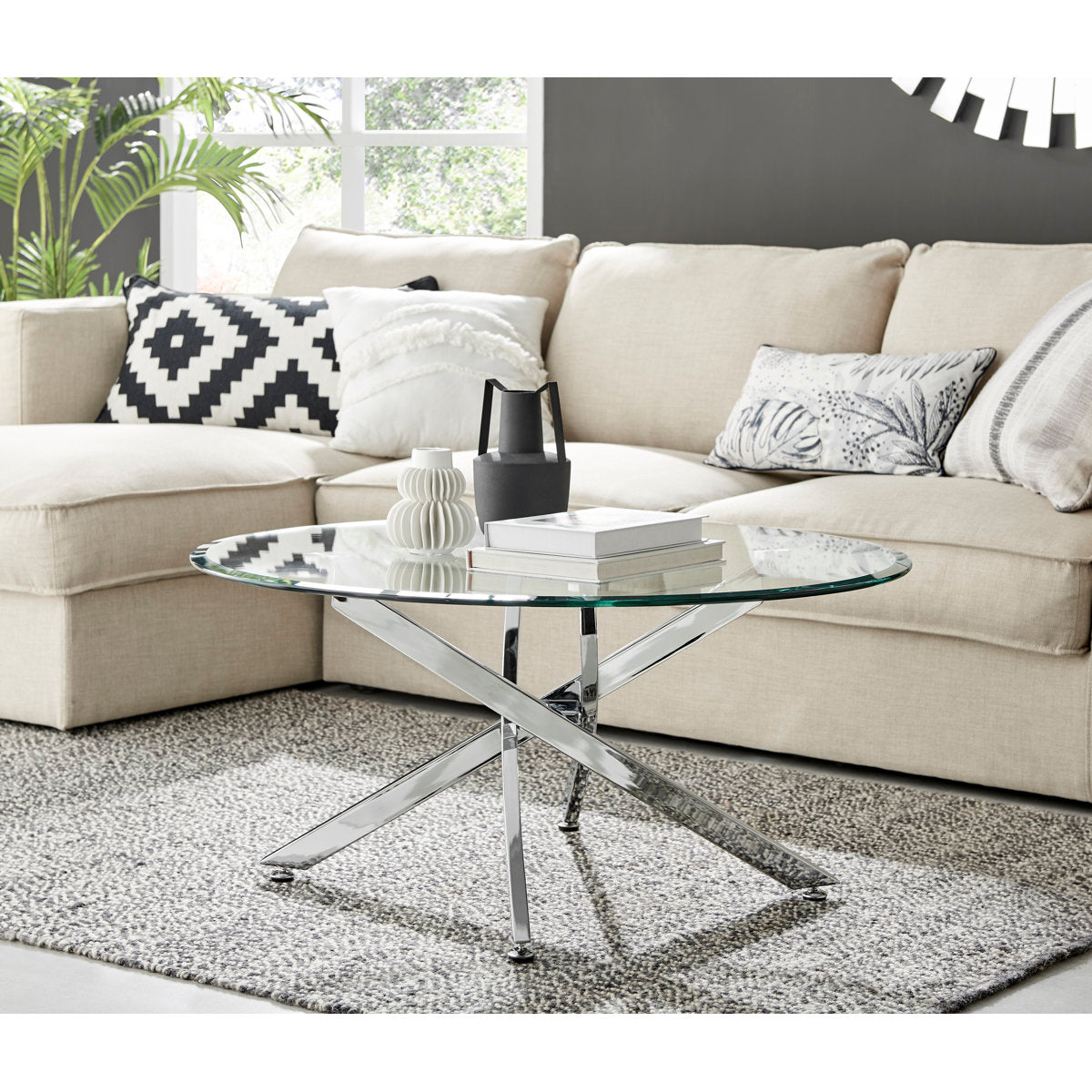 Round Coffee Table, Clear Glass Top with Stainless Steel Base