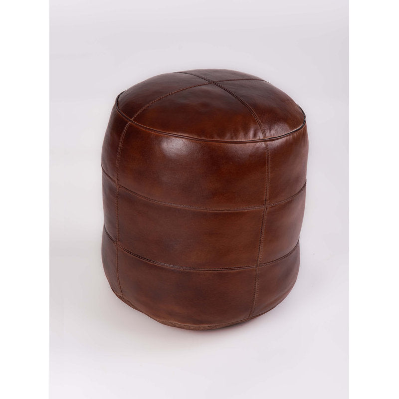 Round Ottoman, 14 Inch, Brown Leather with Tufted Top