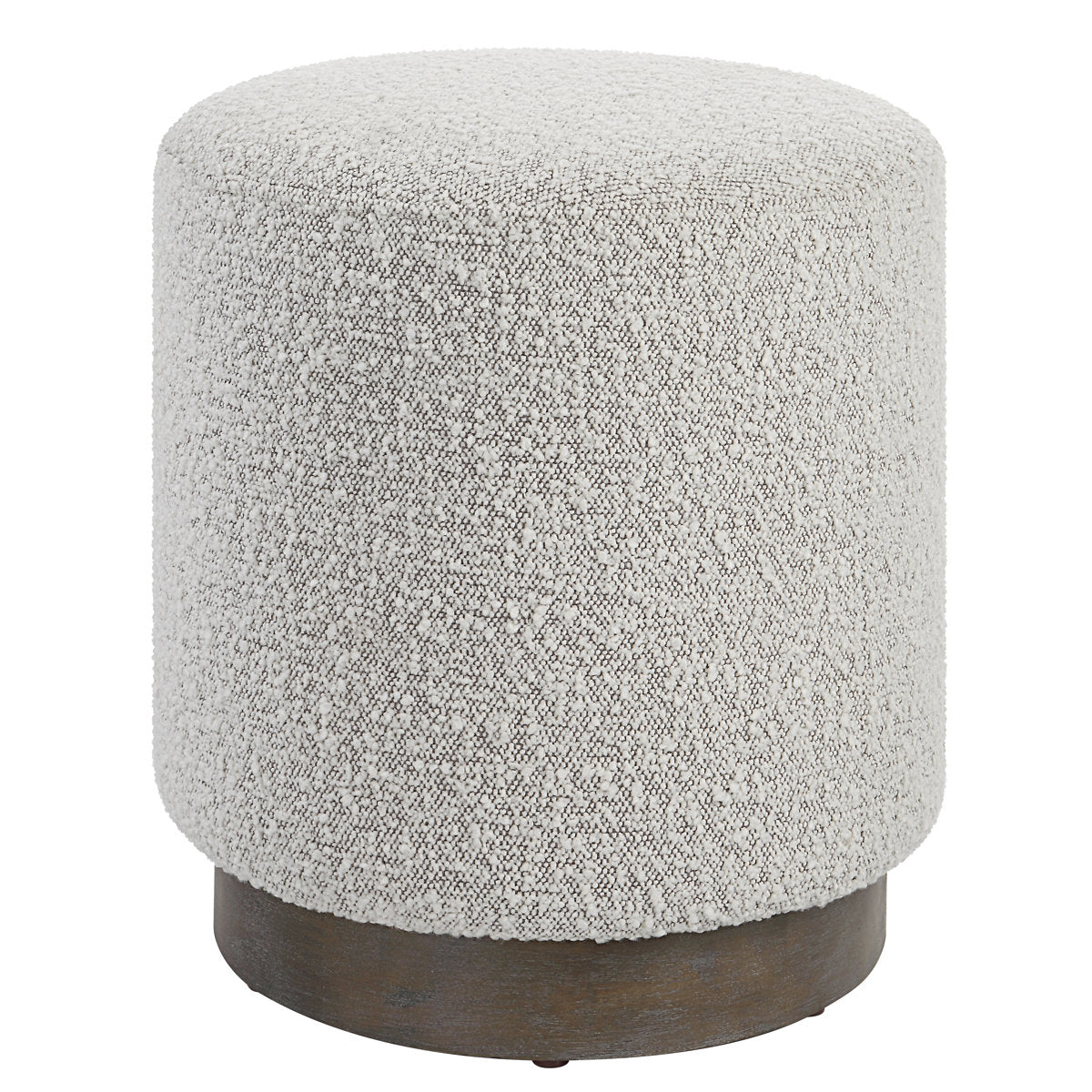 Round Ottoman in Ivory and Gray Boucle with Walnut Finish