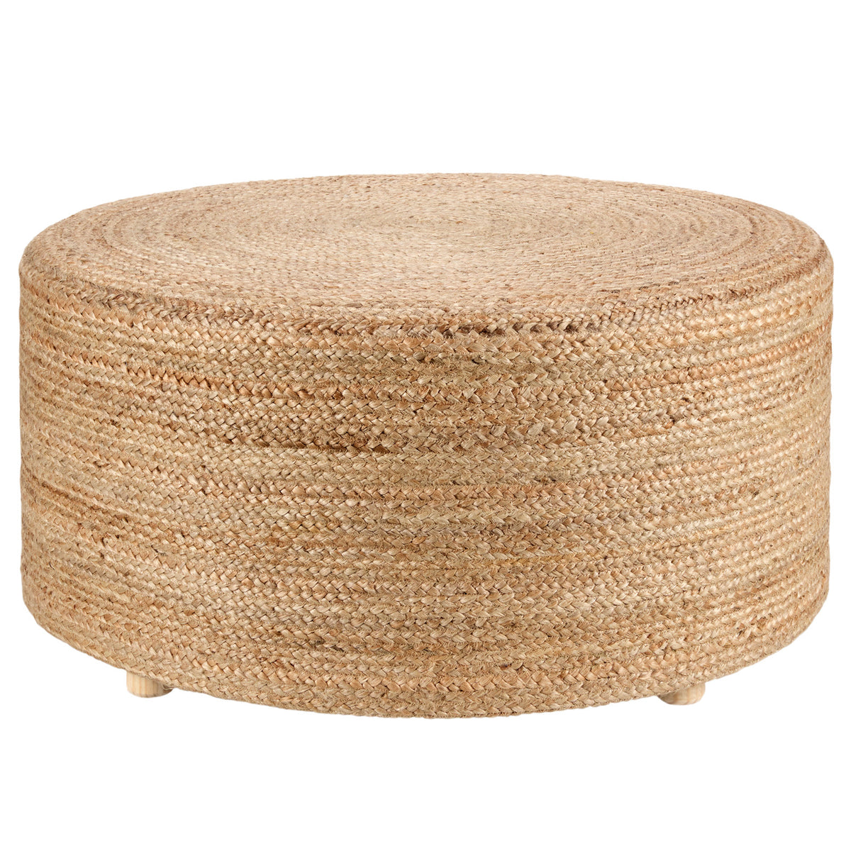 Round Ottoman in Tan Jute with Natural Wood Legs