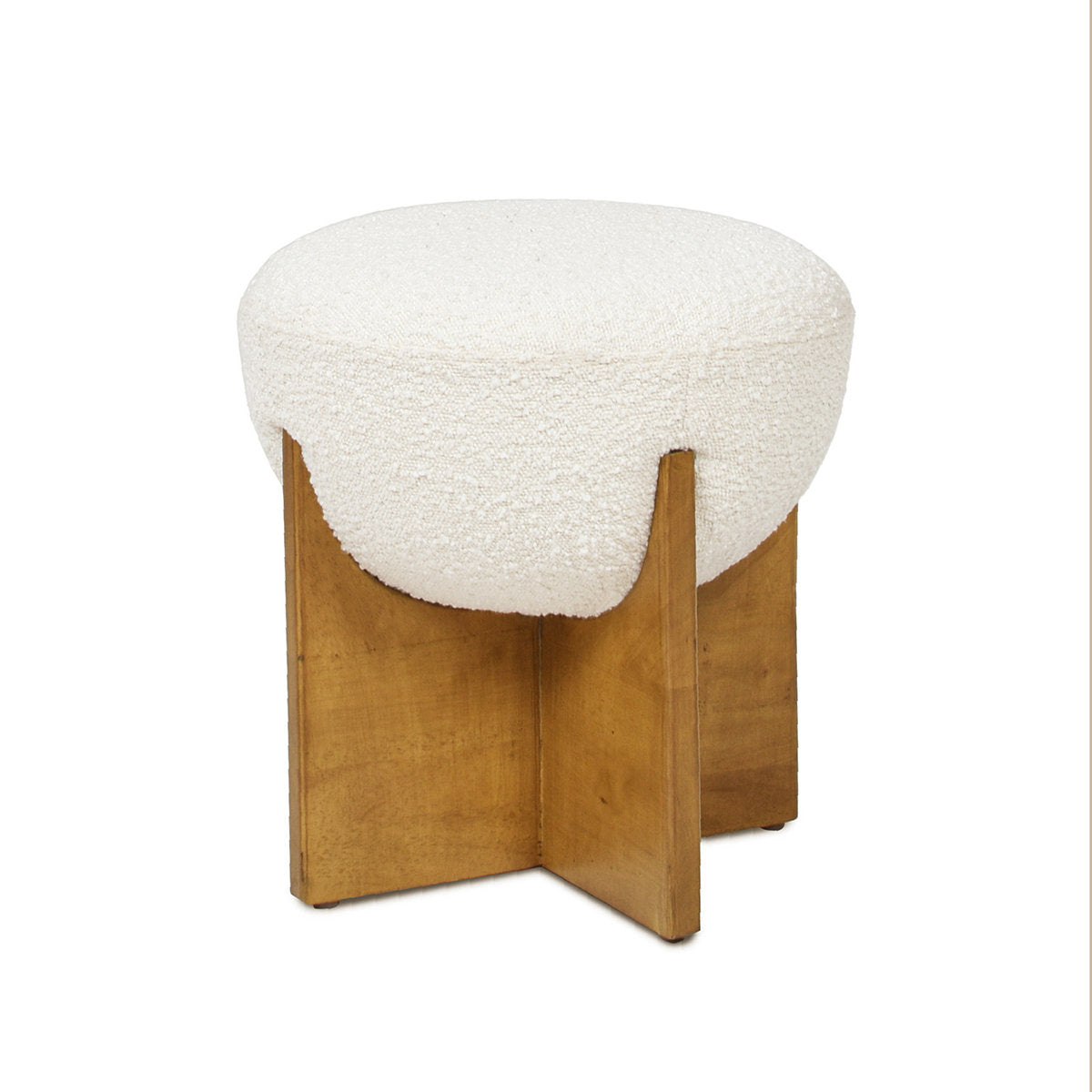 Round Ottoman, Ivory White Boucle with Natural Wood Base