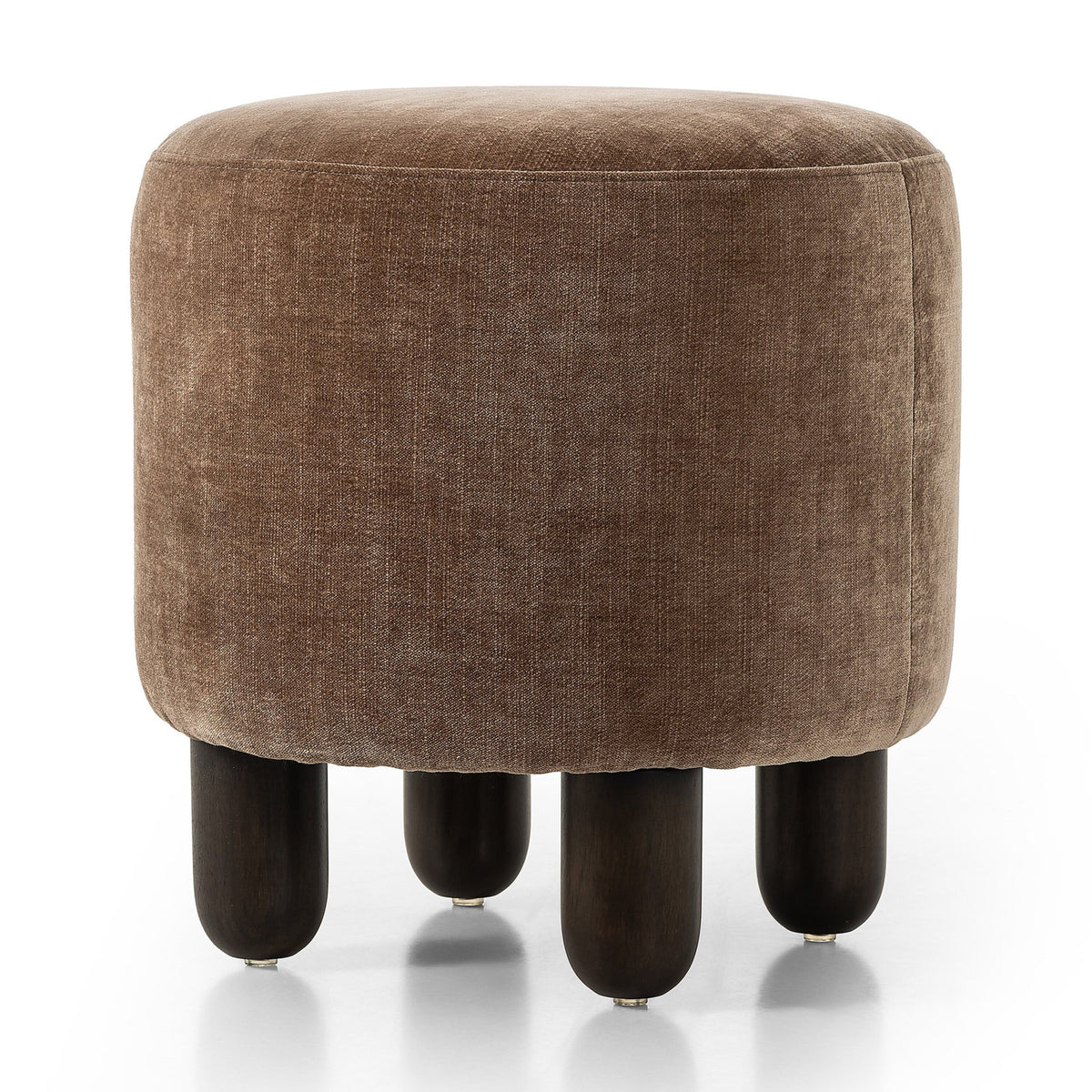 Round Ottoman, Polyester Blend in Mushroom with Solid Wood Legs