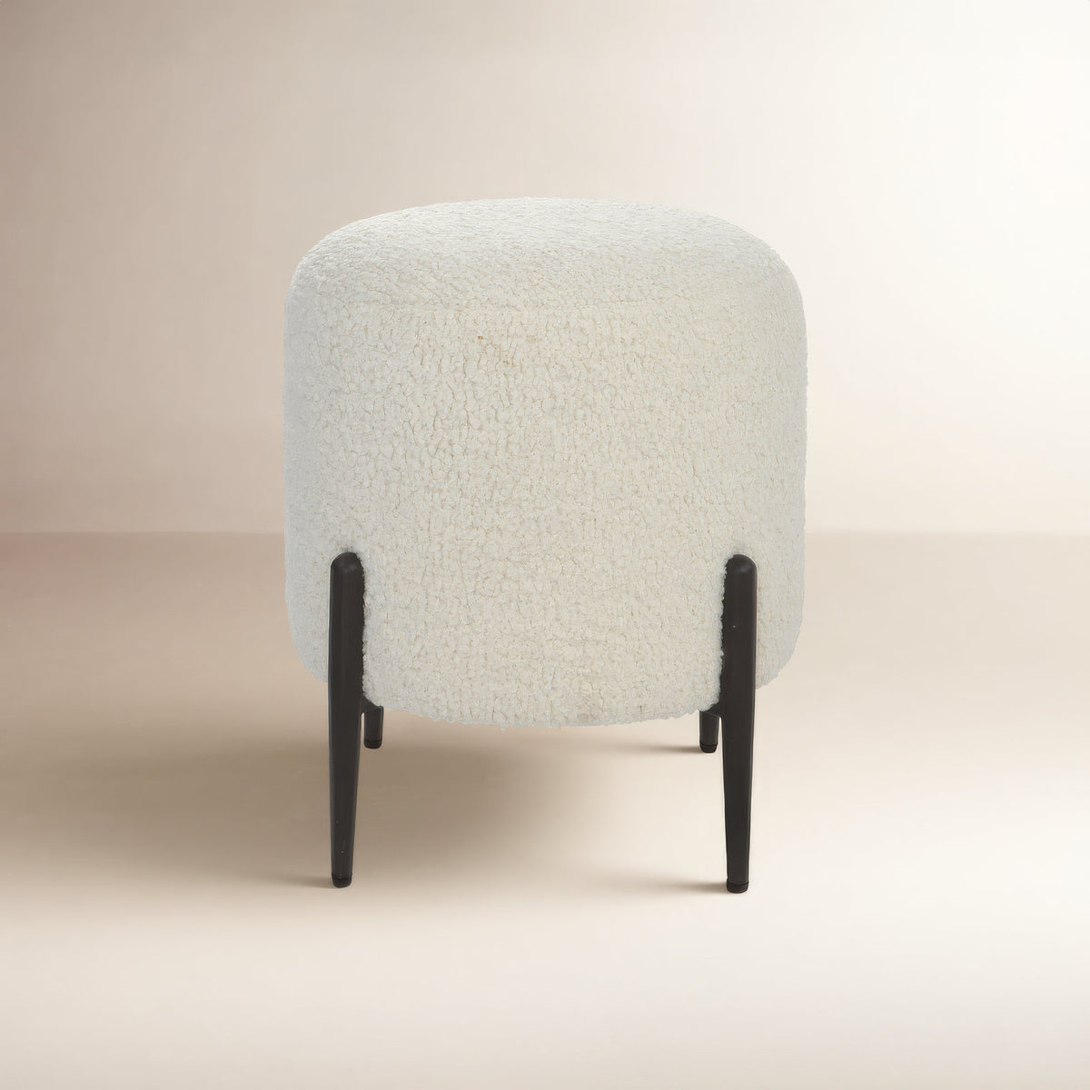 Round Ottoman, White Faux Shearling with Satin Black Metal Legs
