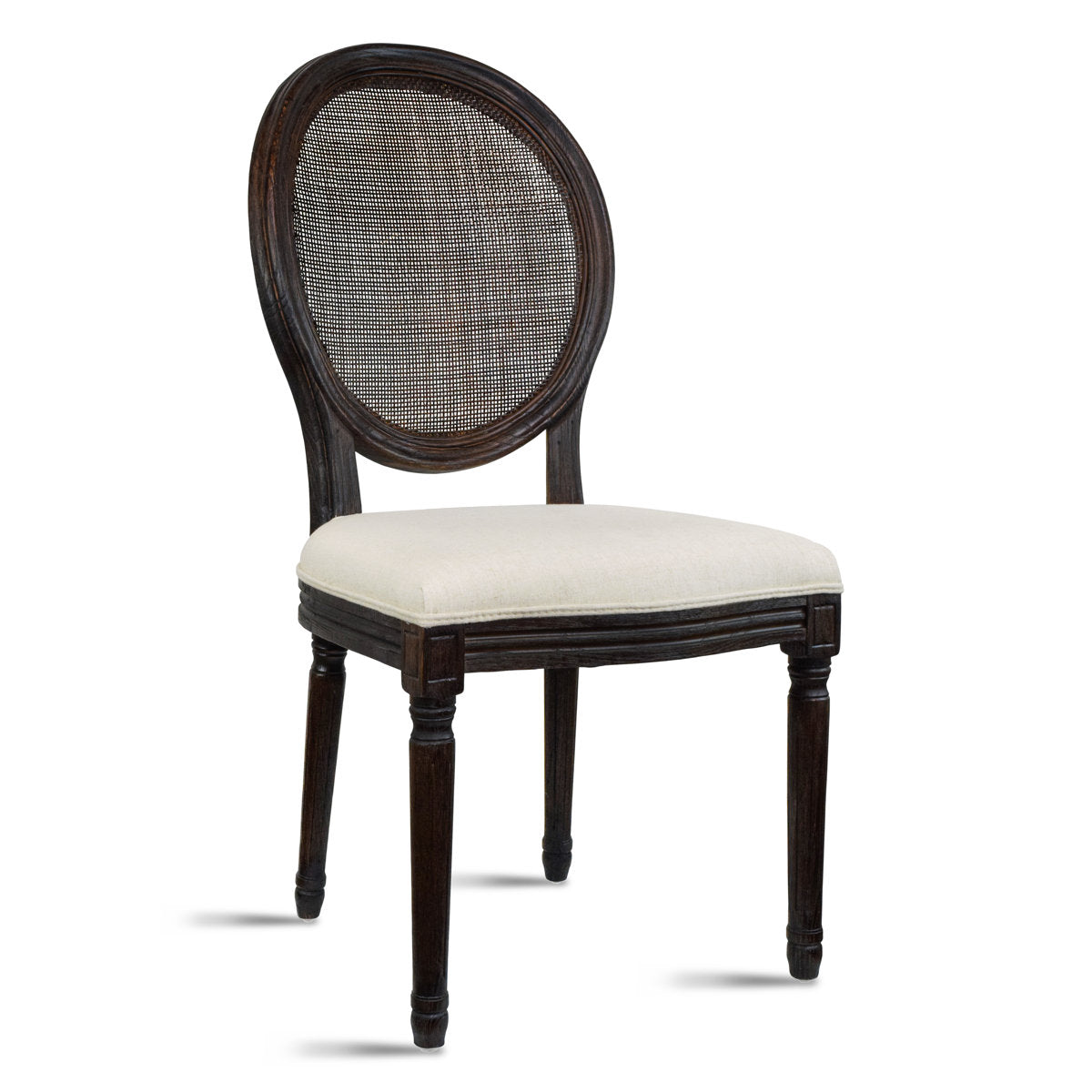Side Chair, Linen Seat, Rattan Back, Brown Solid Wood Frame