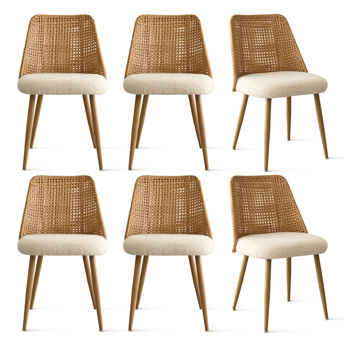 Side Chairs, Set of 6, Beige Bouclé with Rattan Back