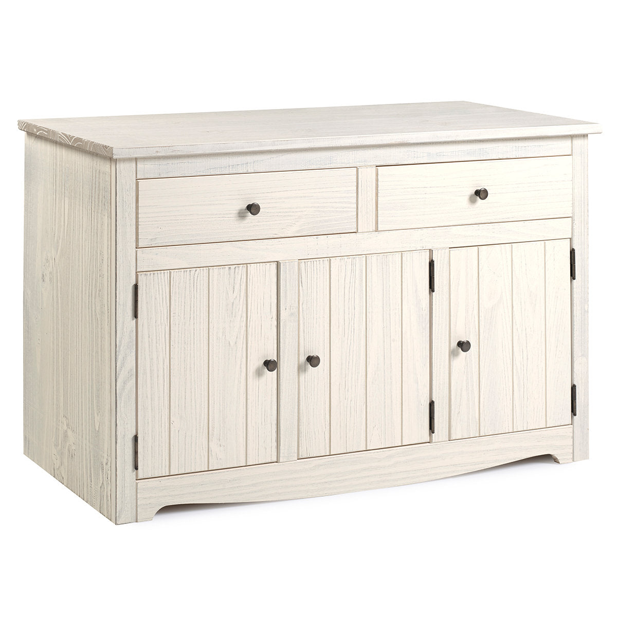 Sideboard, Solid Pine Wood, 2 Drawers, 3 Doors, White Distressed