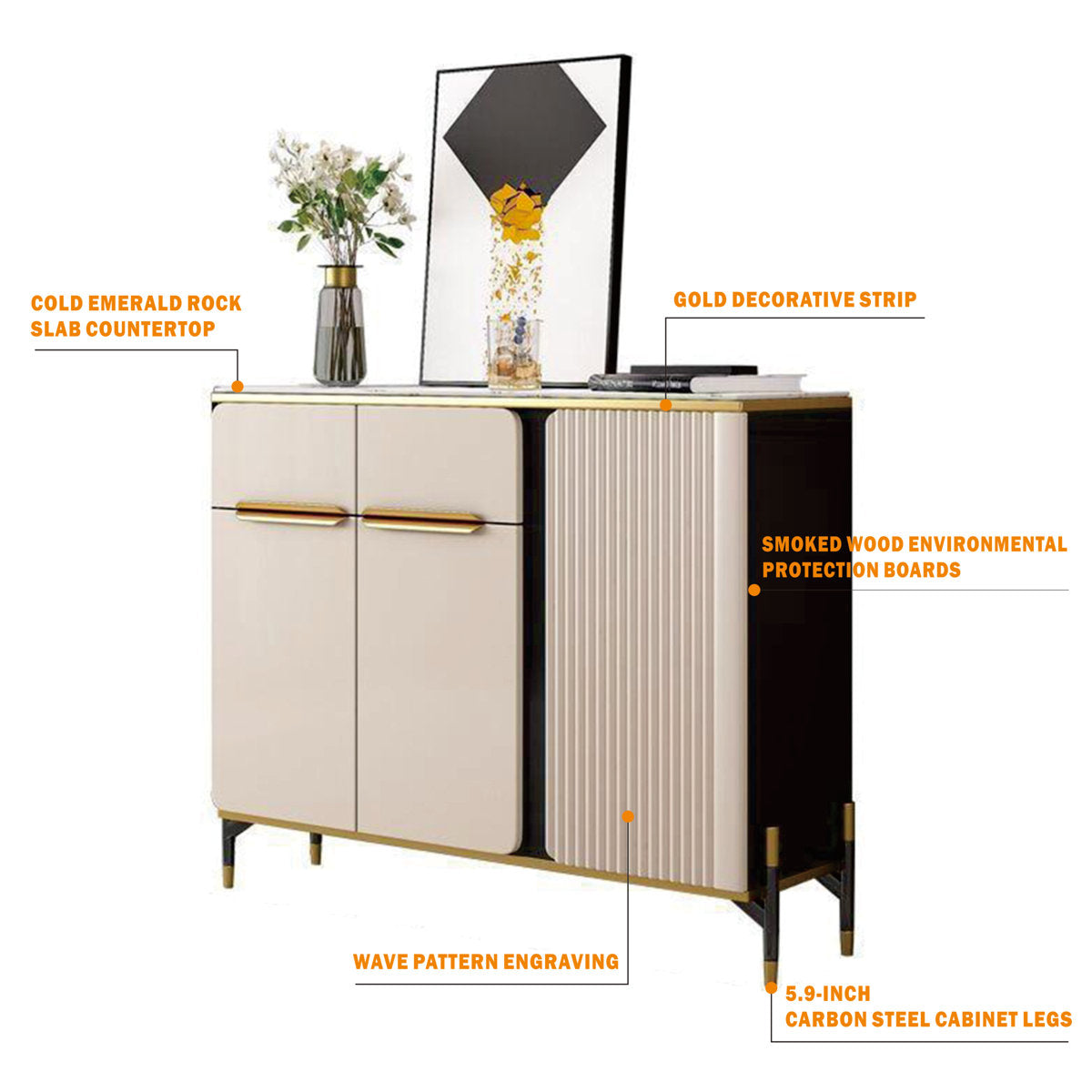 Sideboard, Stone Top, Manufactured Wood, Stainless Steel Legs, Beige