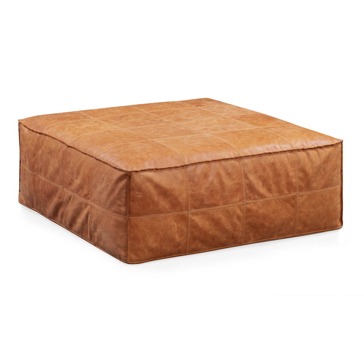 Square Ottoman, Full Grain Aniline Leather, 37 Inch, Cognac Tan