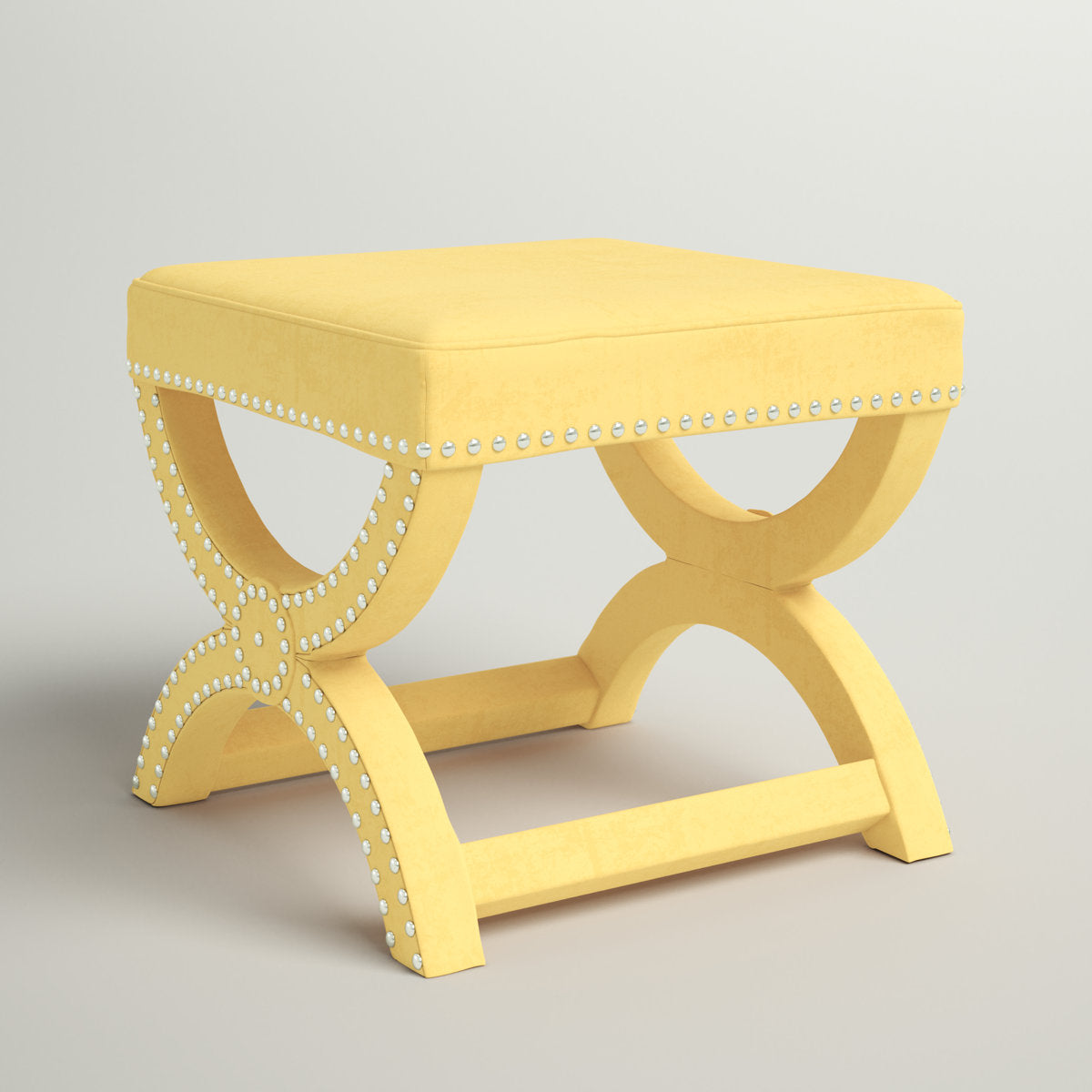 Square Ottoman in Yellow Polyester with Solid Wood Frame