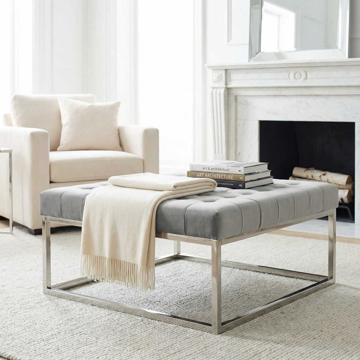 Square Tufted Velvet Ottoman, 36 in, Gray with Polished Chrome Legs