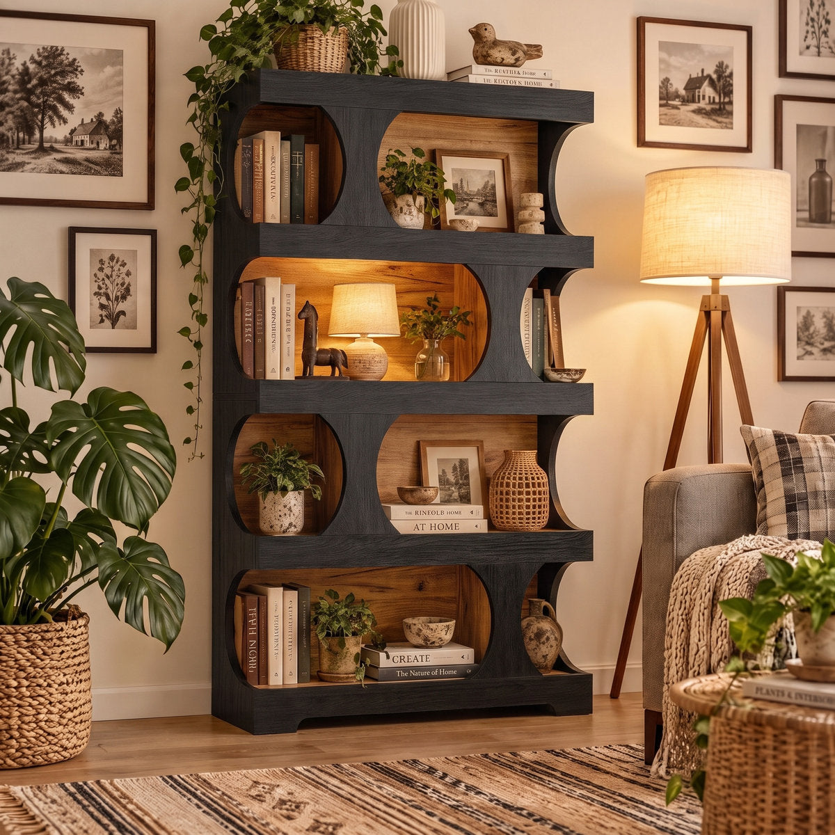 Tall Bookcase, 4 Tiers, 71 in High with Black and Brown Color