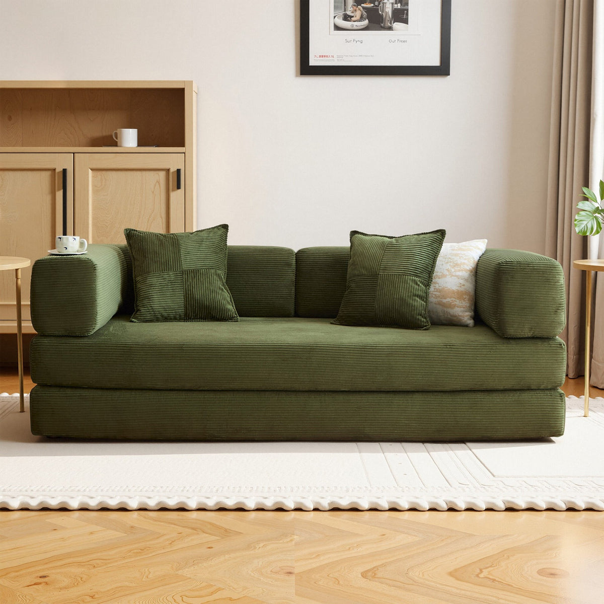 Convertible Sofa Bed, King Sleeper, Green Corduroy Upholstery