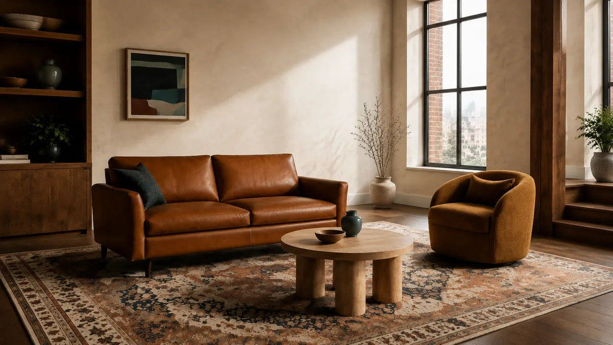 Cognac two-cushion sofa, ochre rounded swivel chair and round light-oak pillar table in a sunlit city living room with a patterned rug.
