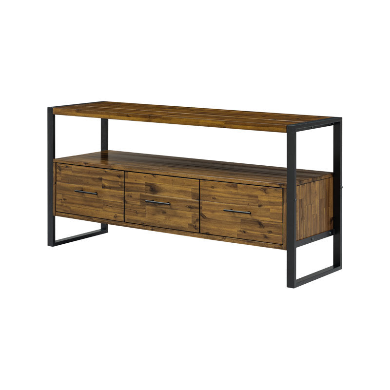 TV Stand, 60 in Solid Wood with Three Drawers, Mocha