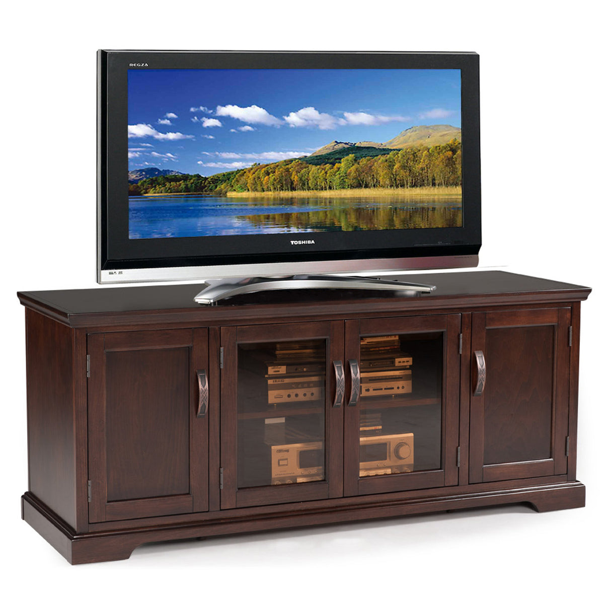 TV Stand, 60 Inch, Chocolate Cherry with Bronze Glass Doors