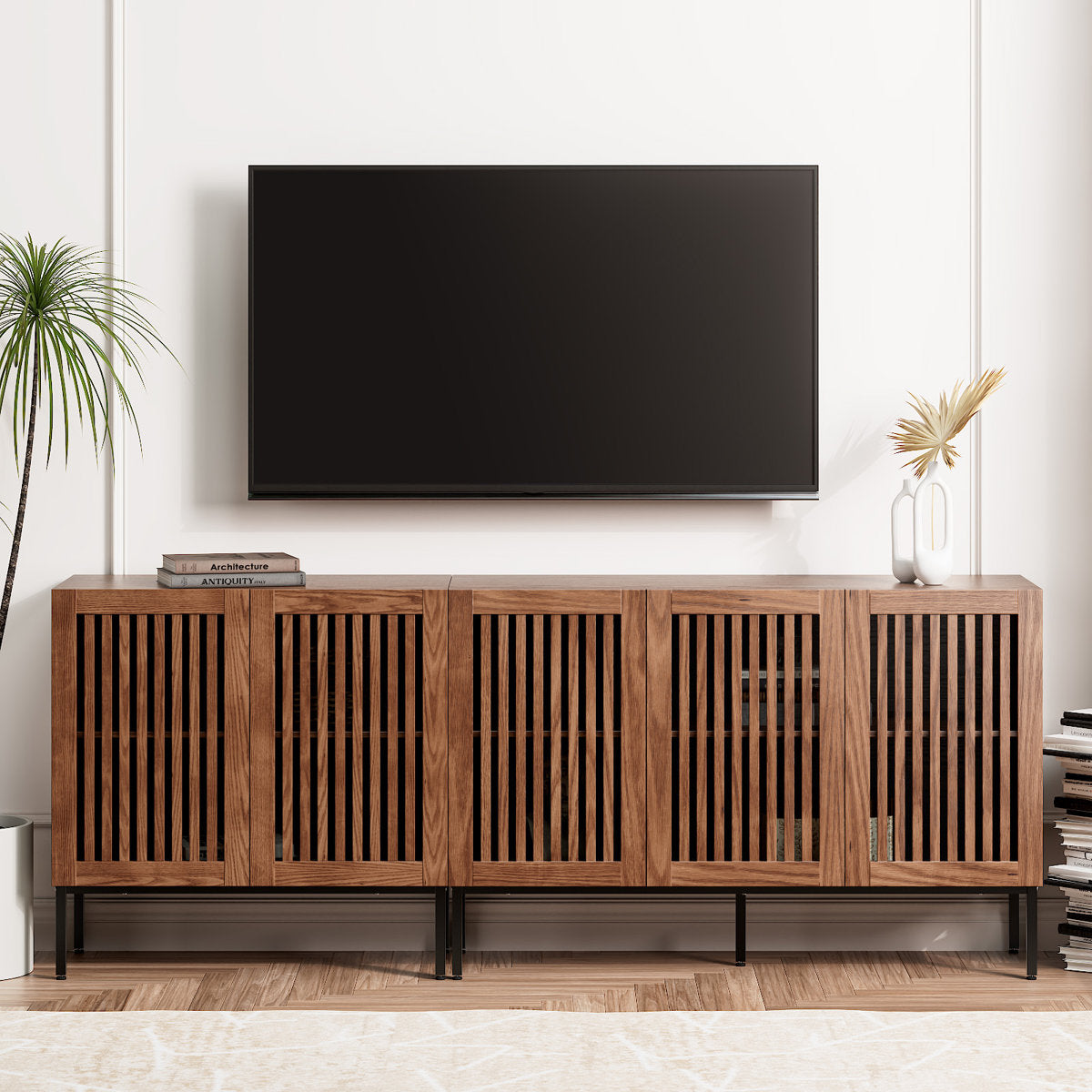 TV Stand, 78.7 in W, Brown Farmhouse Style with 3 Cabinets