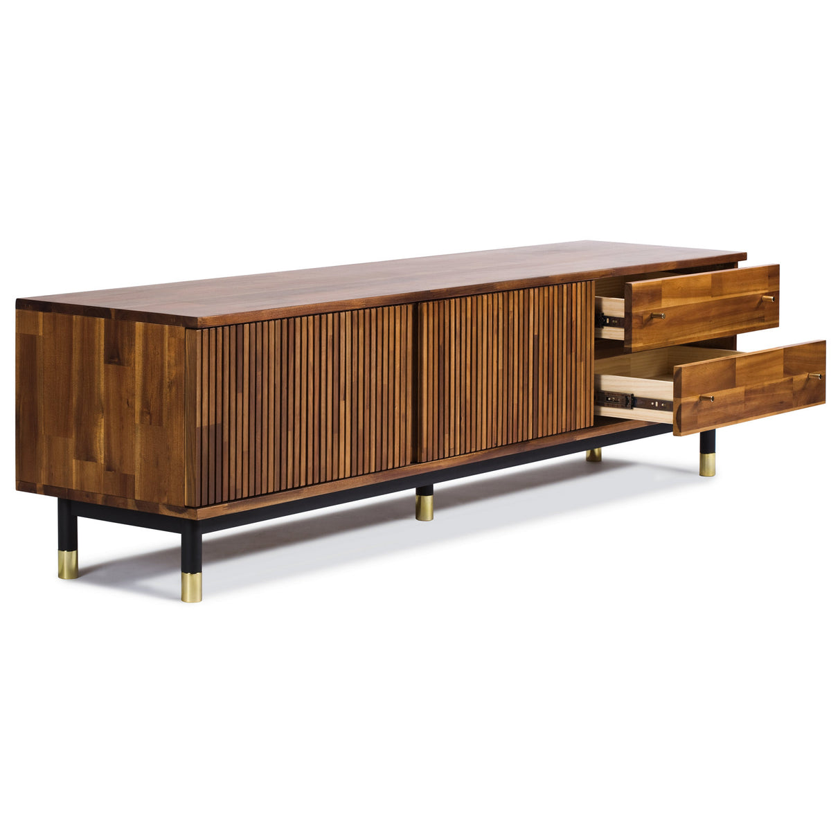TV Stand, Acacia Wood, Brown and Black with Gold Finish