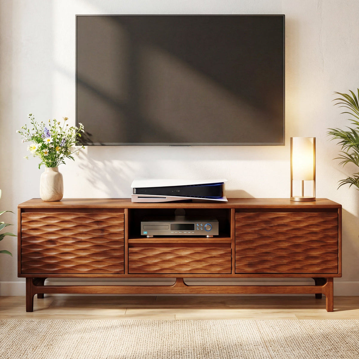 TV Stand in Solid Rubberwood with Cabinets and 1 Drawer, Walnut