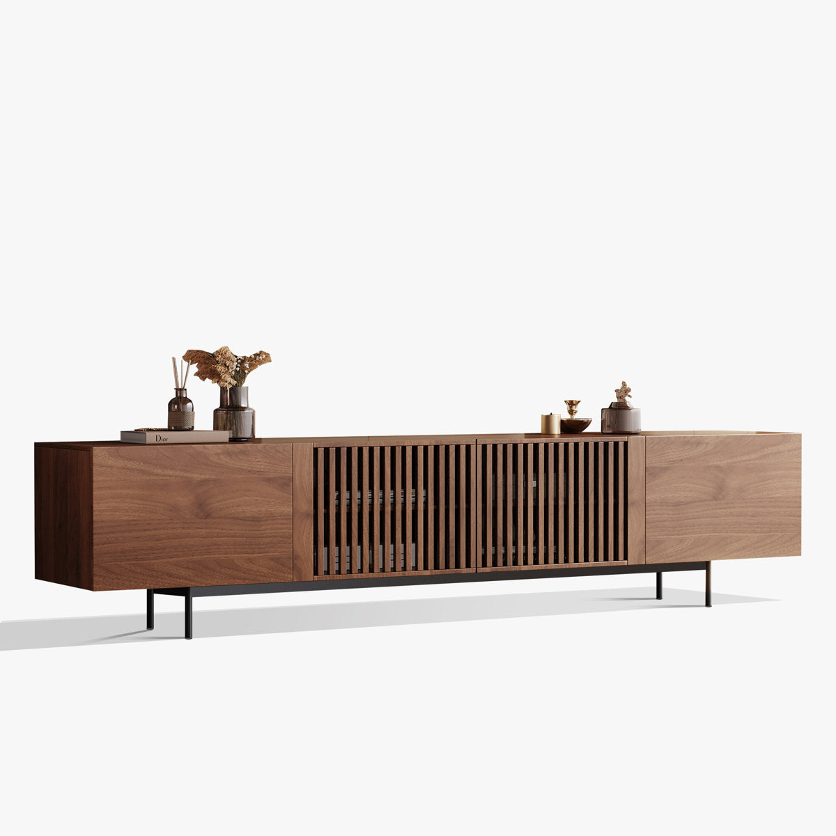 TV Stand, Solid and Manufactured Wood with 6 Adjustable Shelves, Brown