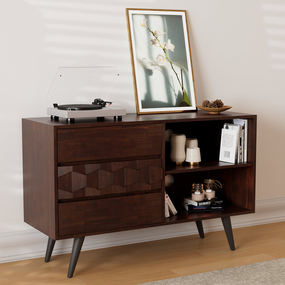 TV Stand with 3 Drawers, Solid Acacia Wood in Walnut