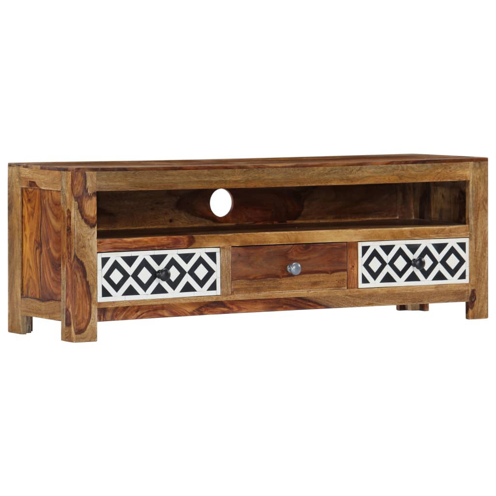 TV Stand with 3 Drawers, Solid Sheesham Wood in Natural and White
