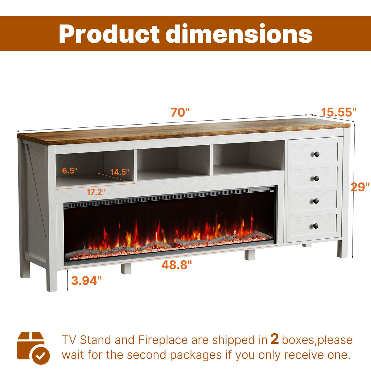 TV Stand with Electric Insert, White with Oak-Colored Top