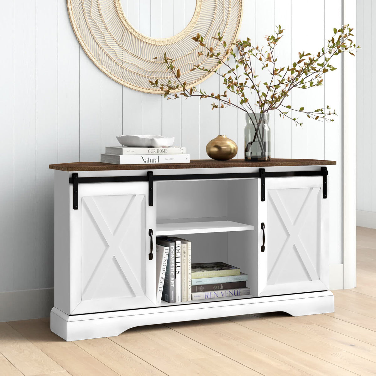 TV Stand with Sliding Barn Doors in Rustic/Solid White