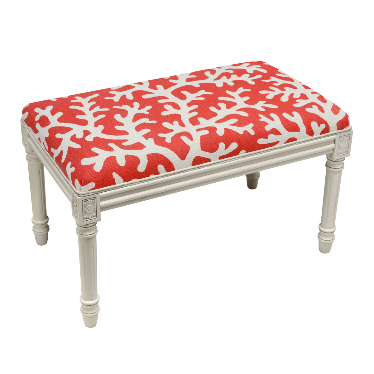 Upholstered Dining Bench in Red Floral Linen Blend with Rubberwood Legs