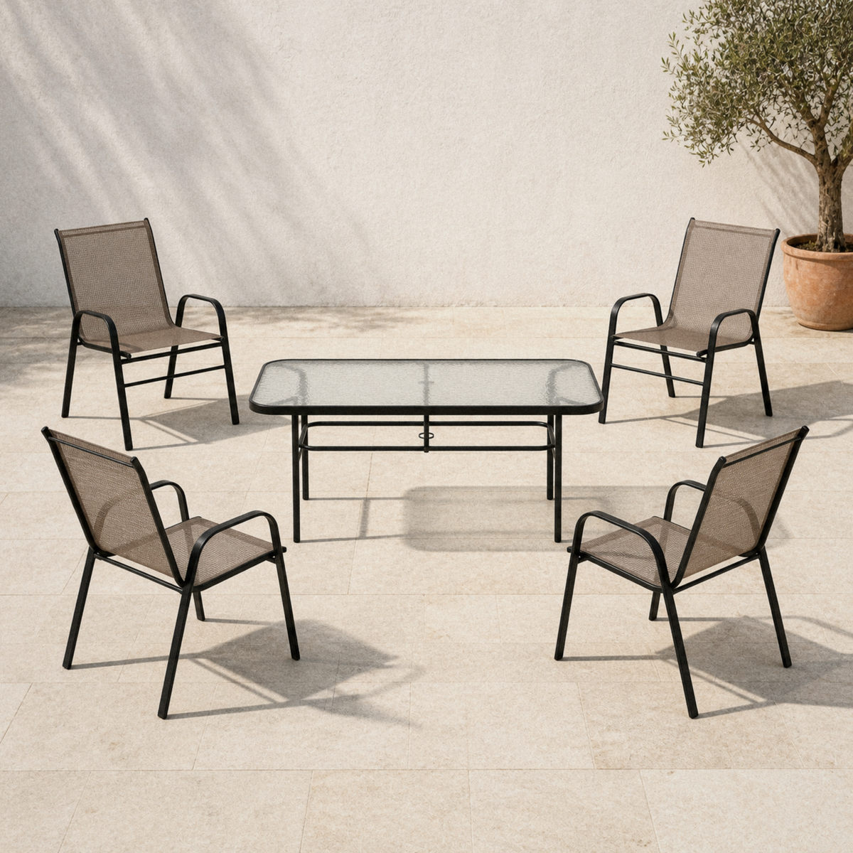 Patio Dining Set, Steel Frame, Rectangular Glass Table, Black