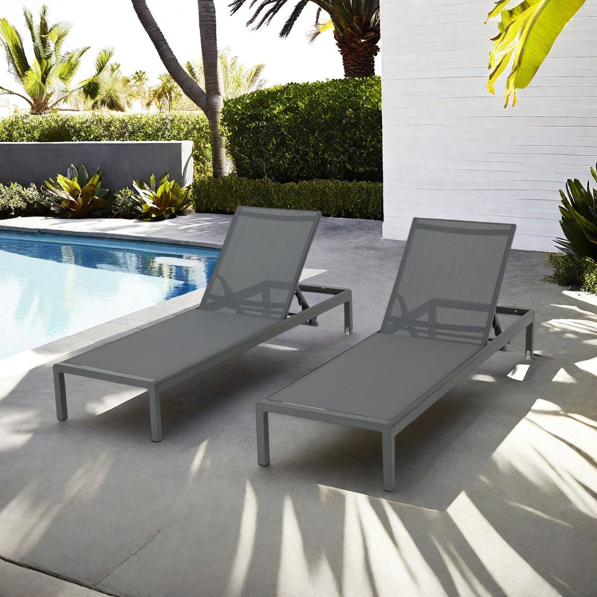 Chaise Lounge Set, Two Loungers, Gray Mesh Seat, Aluminum Frame