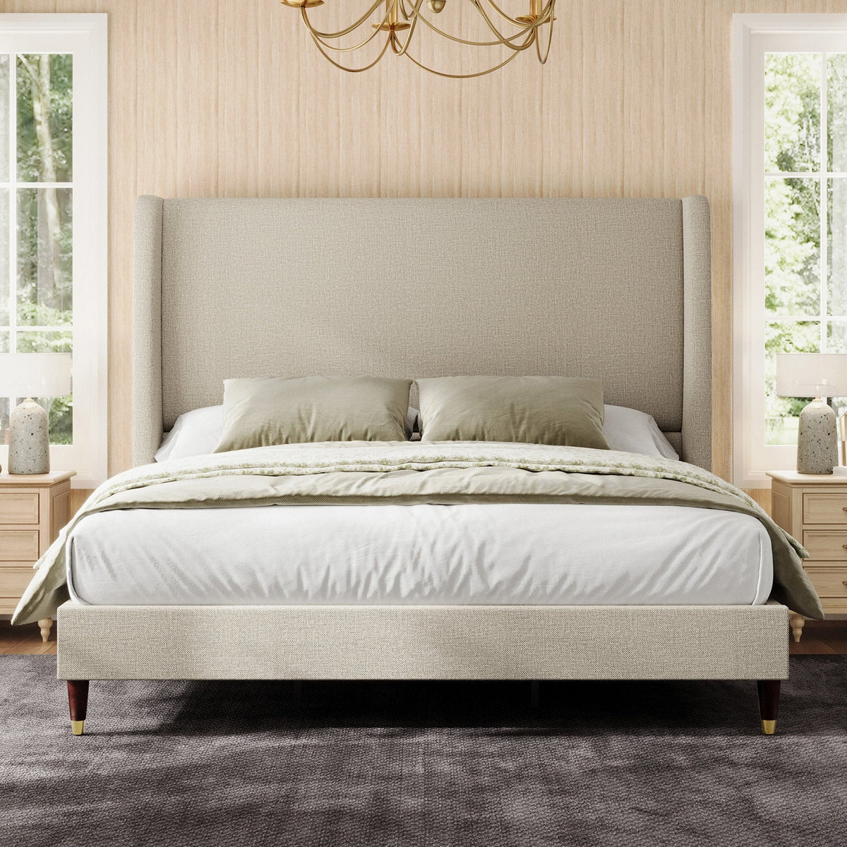 Grevane Gigha upholstered wingback bed in white linen-look fabric, front view