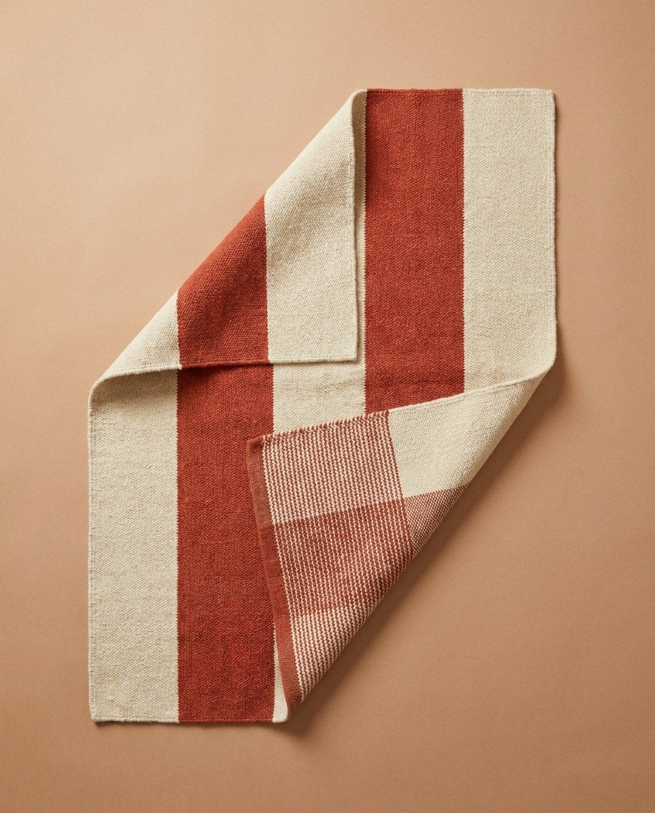 Close view of a woven wool rug with red and cream panels