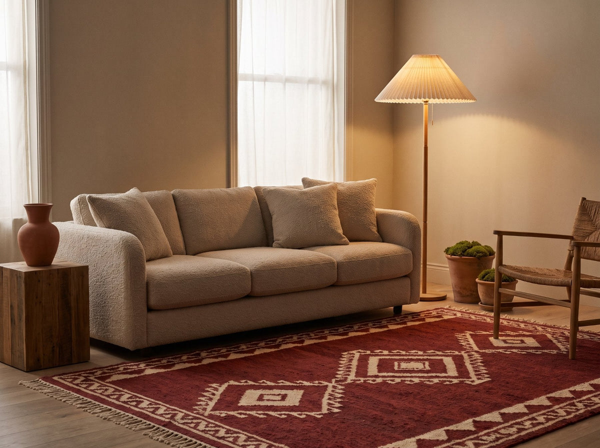 Cream sofa and walnut side table sitting on a patterned red rug