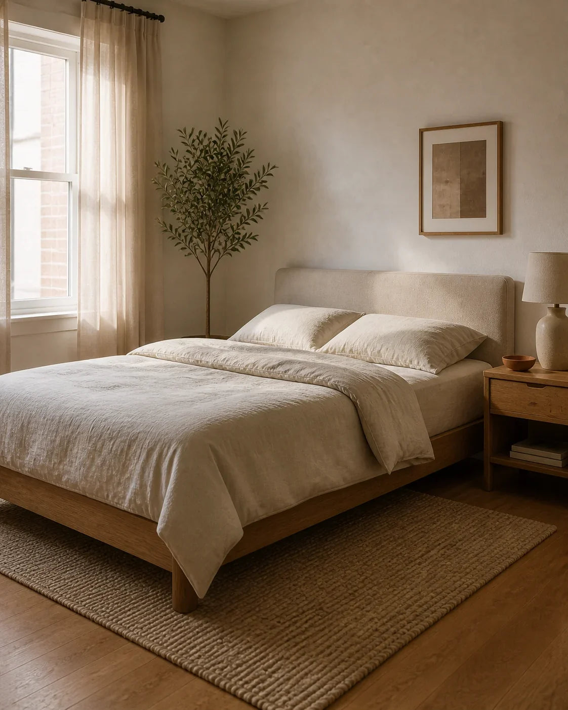 Cream upholstered bed with a low wooden nightstand beside it