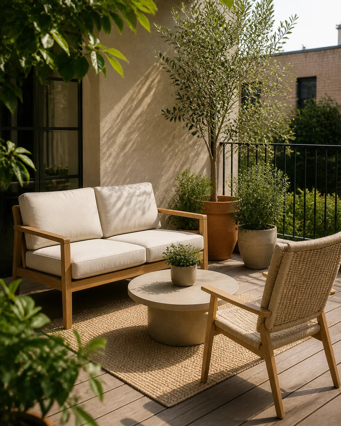 Oak-framed outdoor sofa with cream cushions and potted plants on a balcony